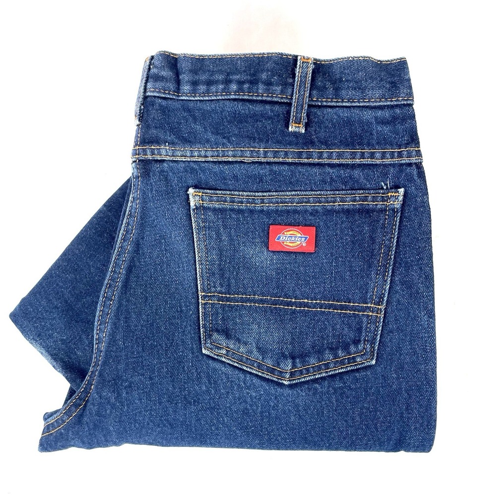 Dickies Regular Fit Jeans Mens 36x30 Dark Wash Distressed Hem Denim